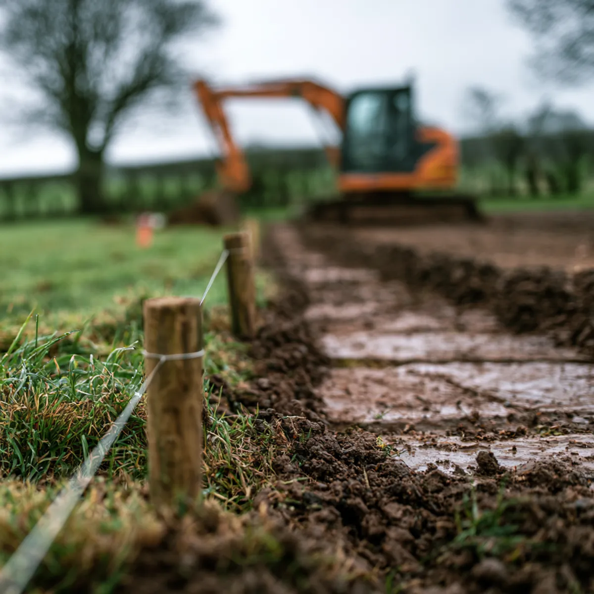Setting out pegs and a string line with an excavator levelling the ground behind