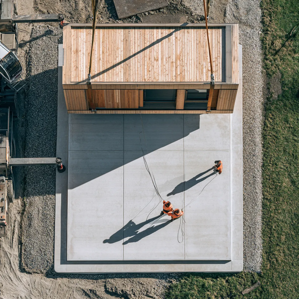 Aerial view of a modular unit on a prepared concrete base